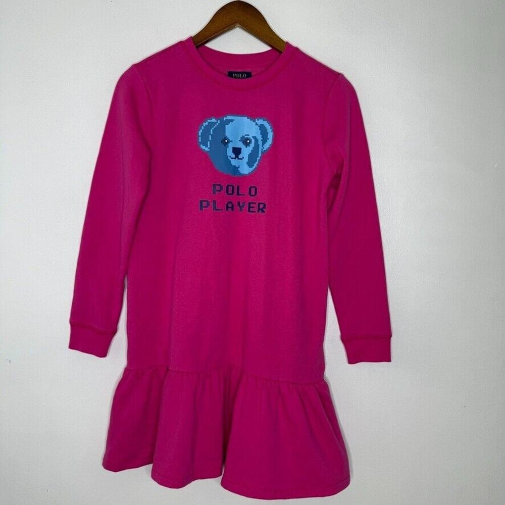 Polo Ralph Lauren Girls XL Pink Bear Sweatshirt Dress Polo Player Logo Casual